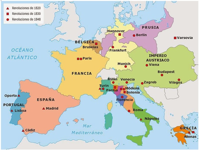 Mapa de las revoluciones liberales del siglo XIX en Europa. Fuente: Libro de estudio 1° medio (2021), Editorial Santillana.